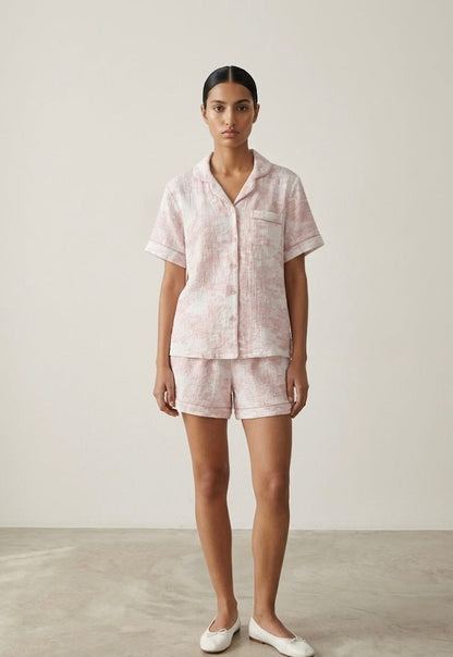 French Cottage Short Sleeves and Shorts Cotton Pajama Set / Pink