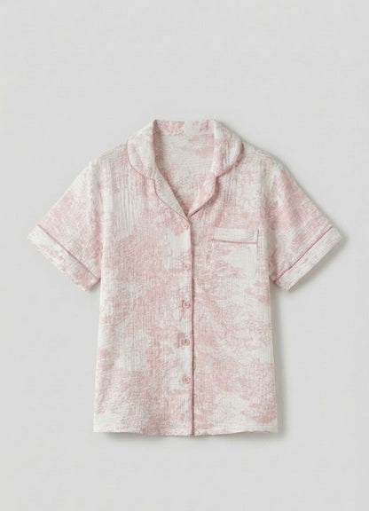 French Cottage Short Sleeves and Shorts Cotton Pajama Set / Pink