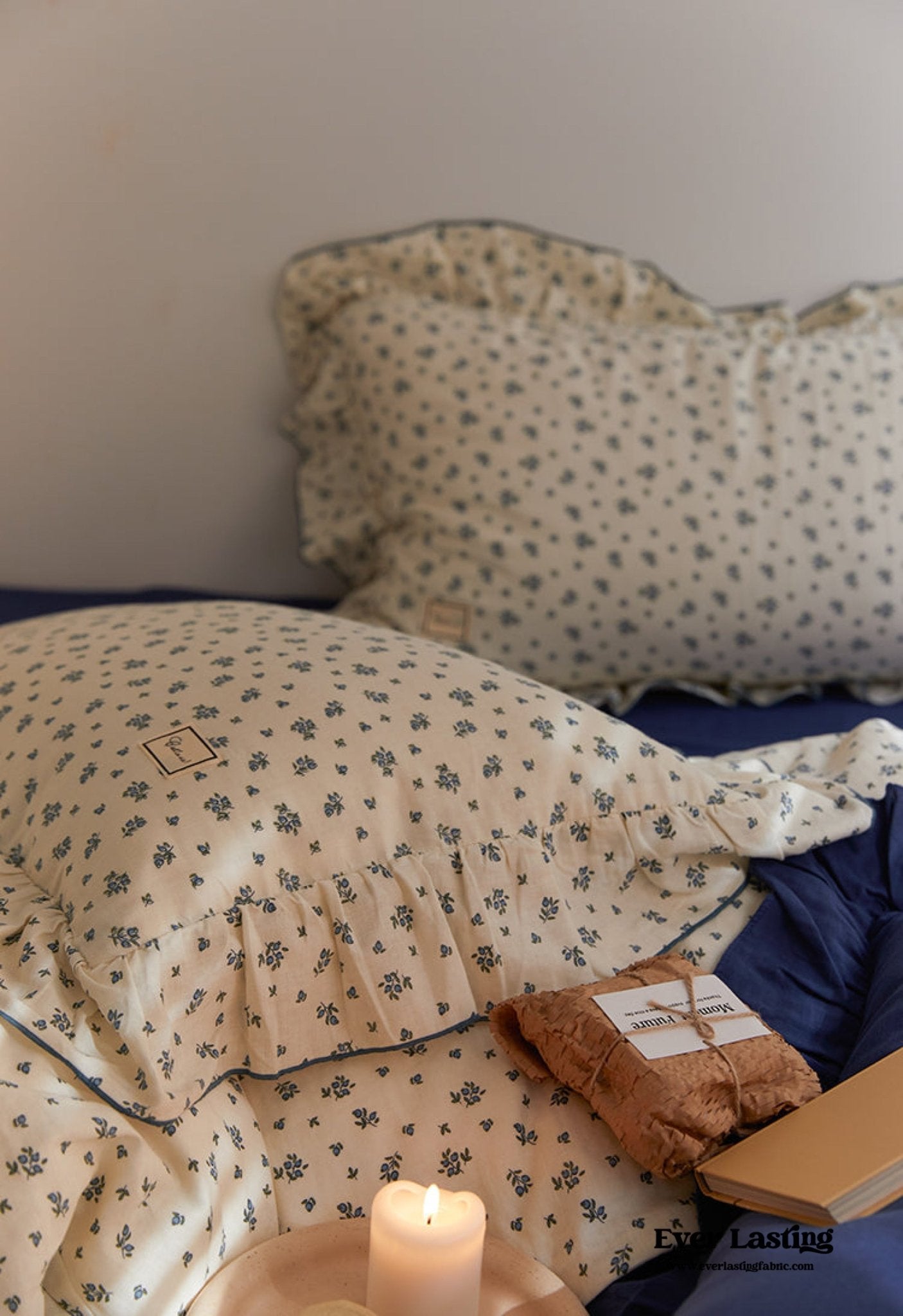French Floral Earth Tone Double Layer Ruffle Bedding Set / Beige + Blue
