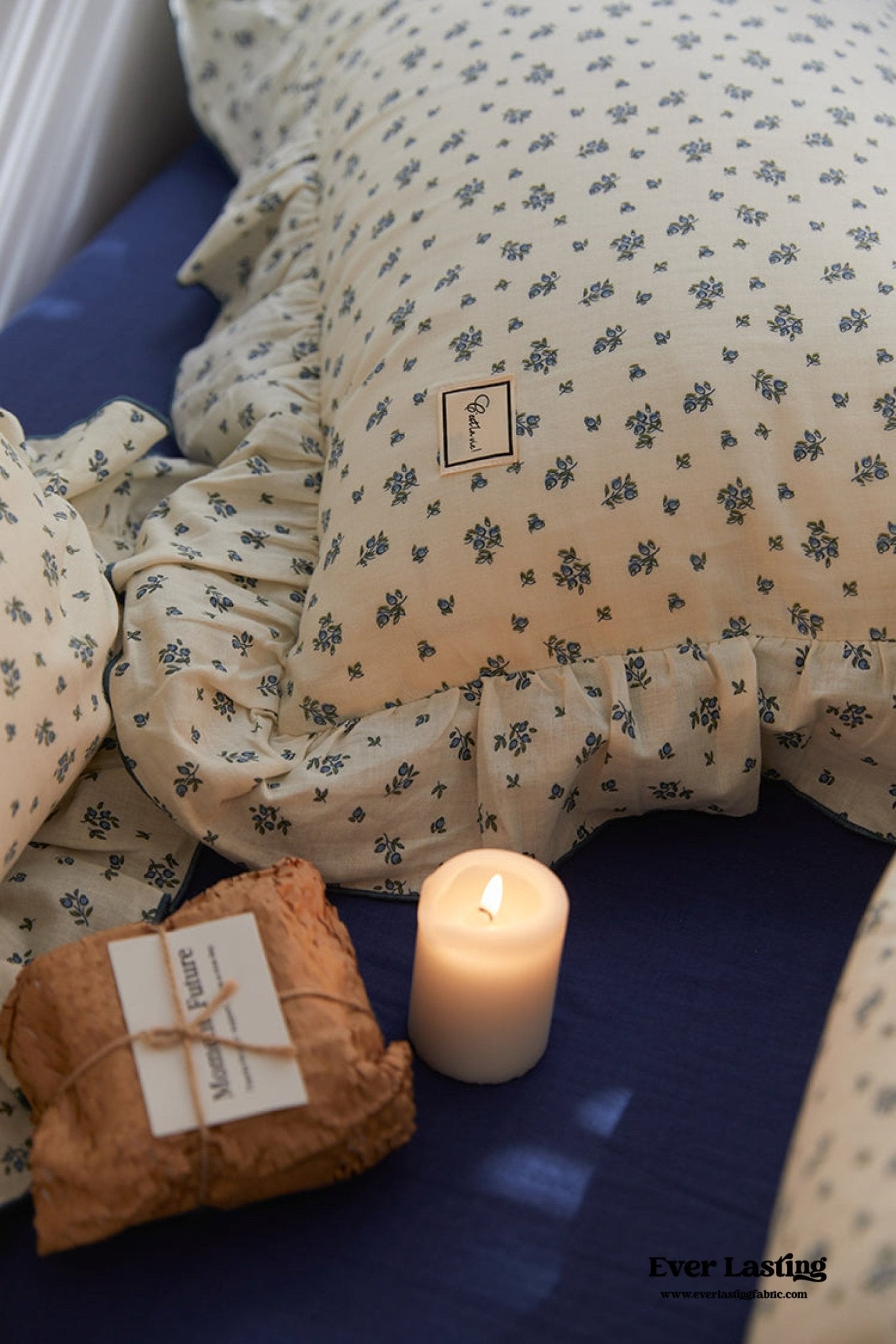 French Floral Earth Tone Double Layer Ruffle Bedding Set / Beige + Blue