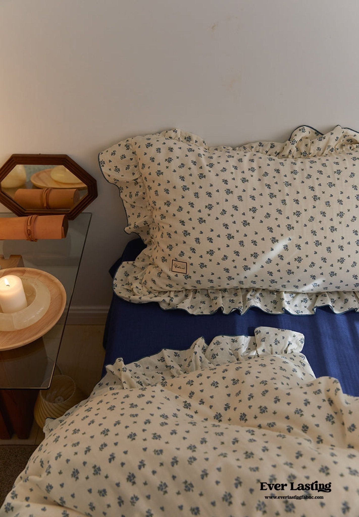 French Floral Earth Tone Double Layer Ruffle Bedding Set / Beige + Blue
