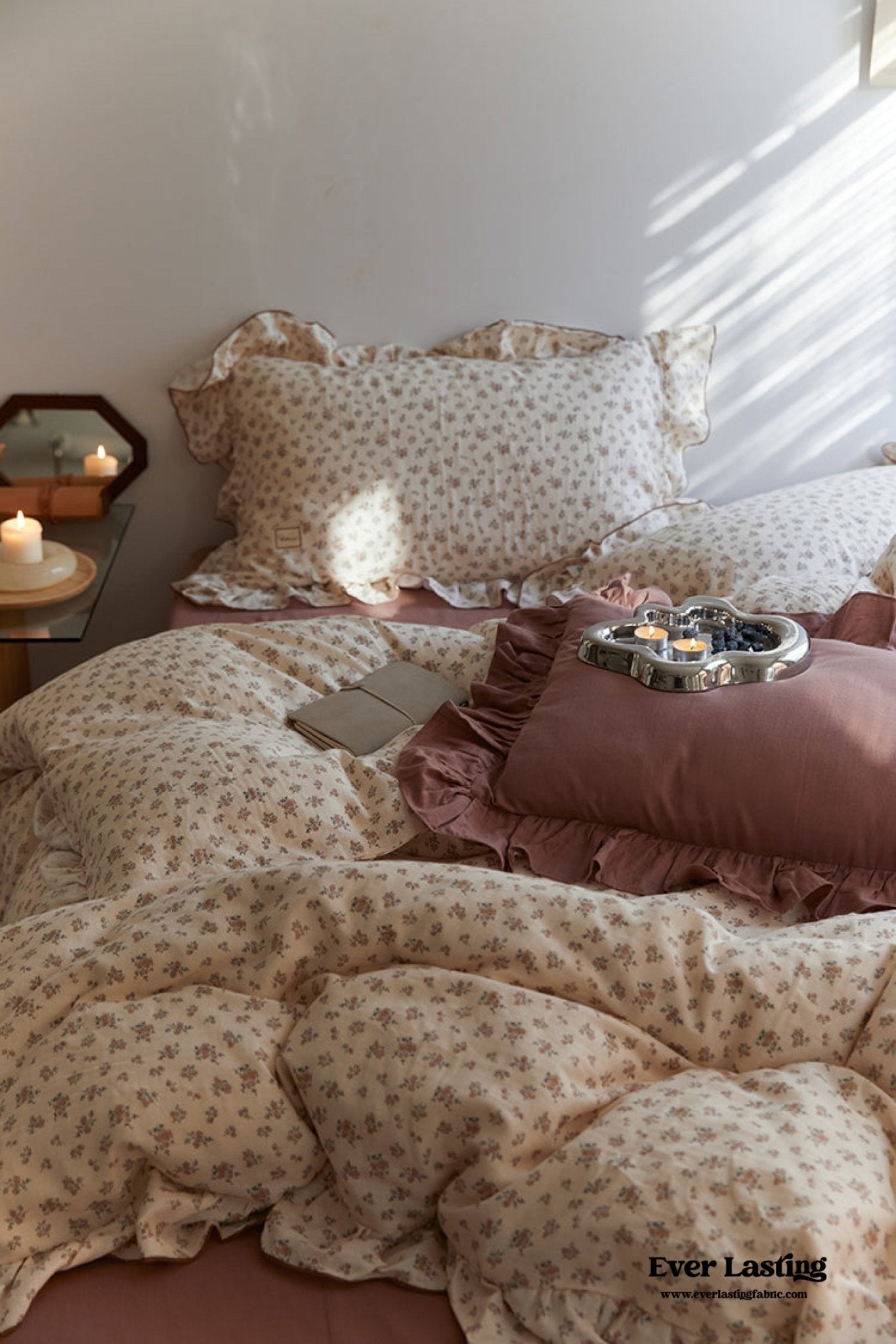 French Floral Earth Tone Double Layer Ruffle Bedding Set / Beige + Blue