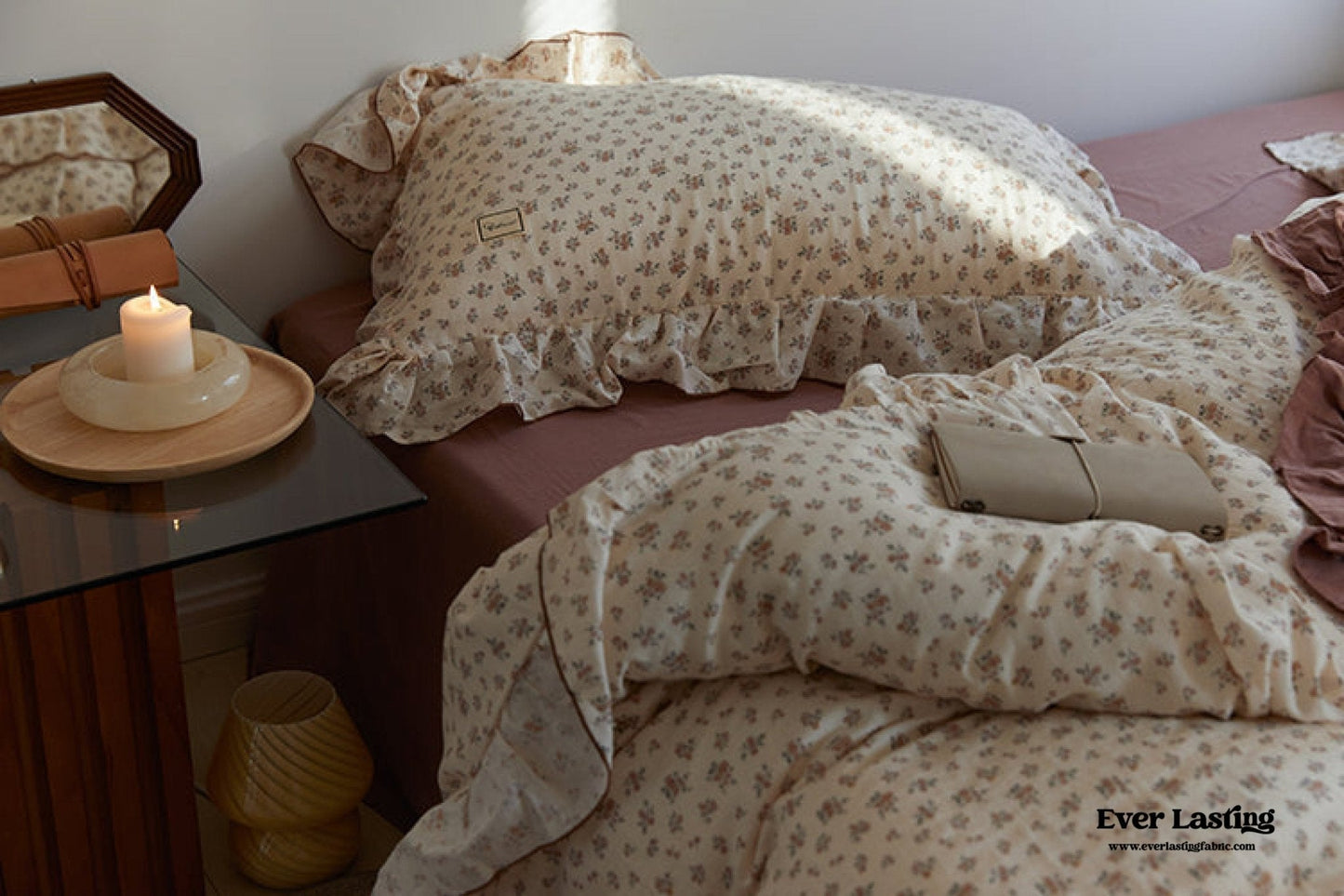 French Floral Earth Tone Double Layer Ruffle Bedding Set / Beige + Blue