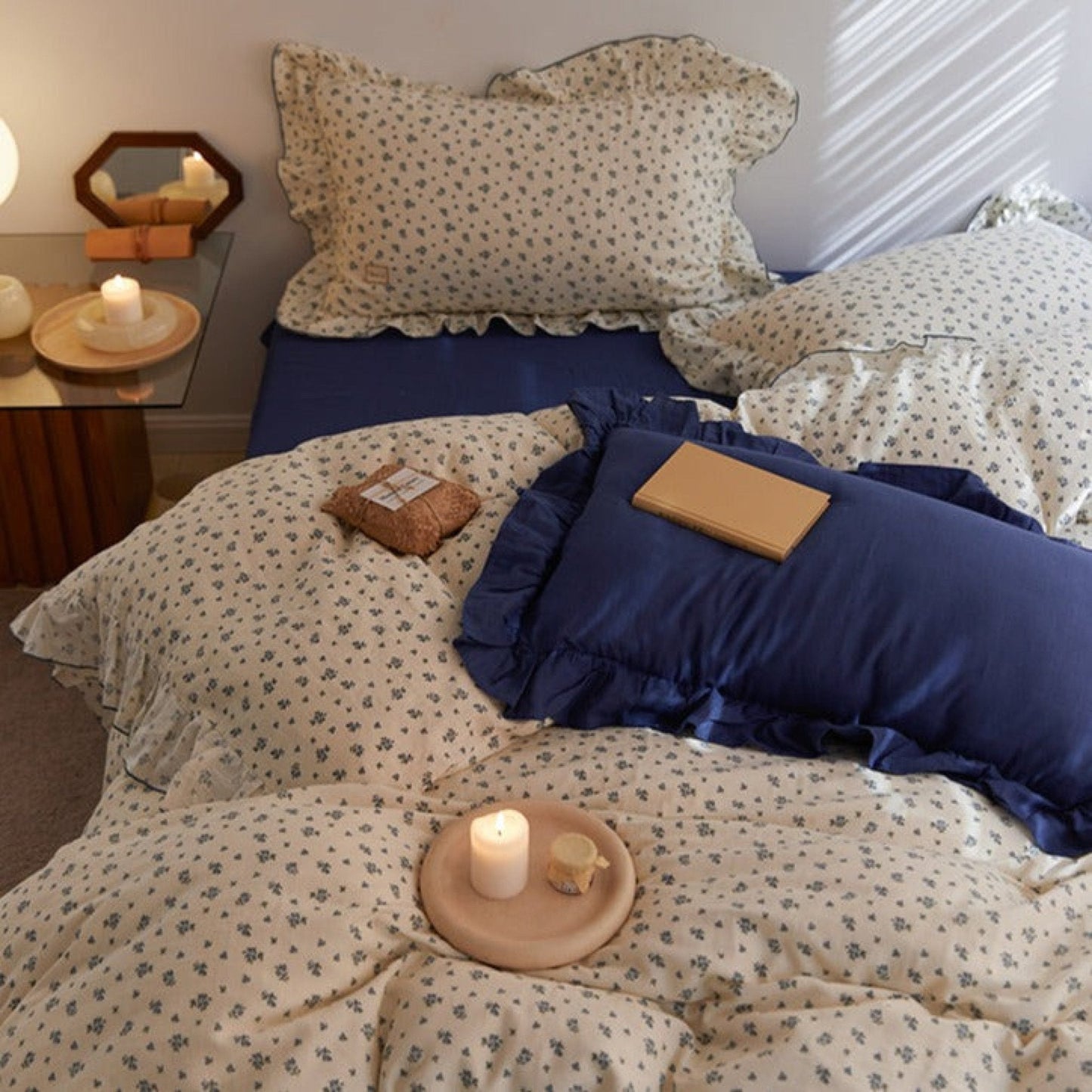 French Floral Earth Tone Double Layer Ruffle Bedding Set / Beige + Blue