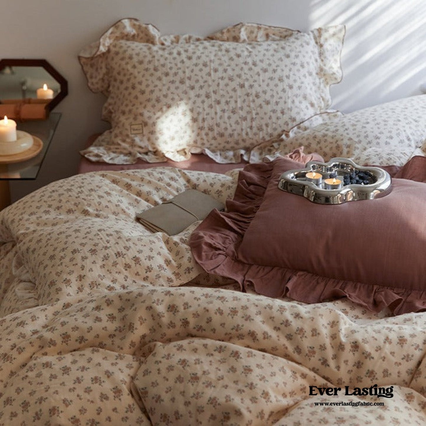 French Floral Earth Tone Double Layer Ruffle Bedding Set / Beige + Blue