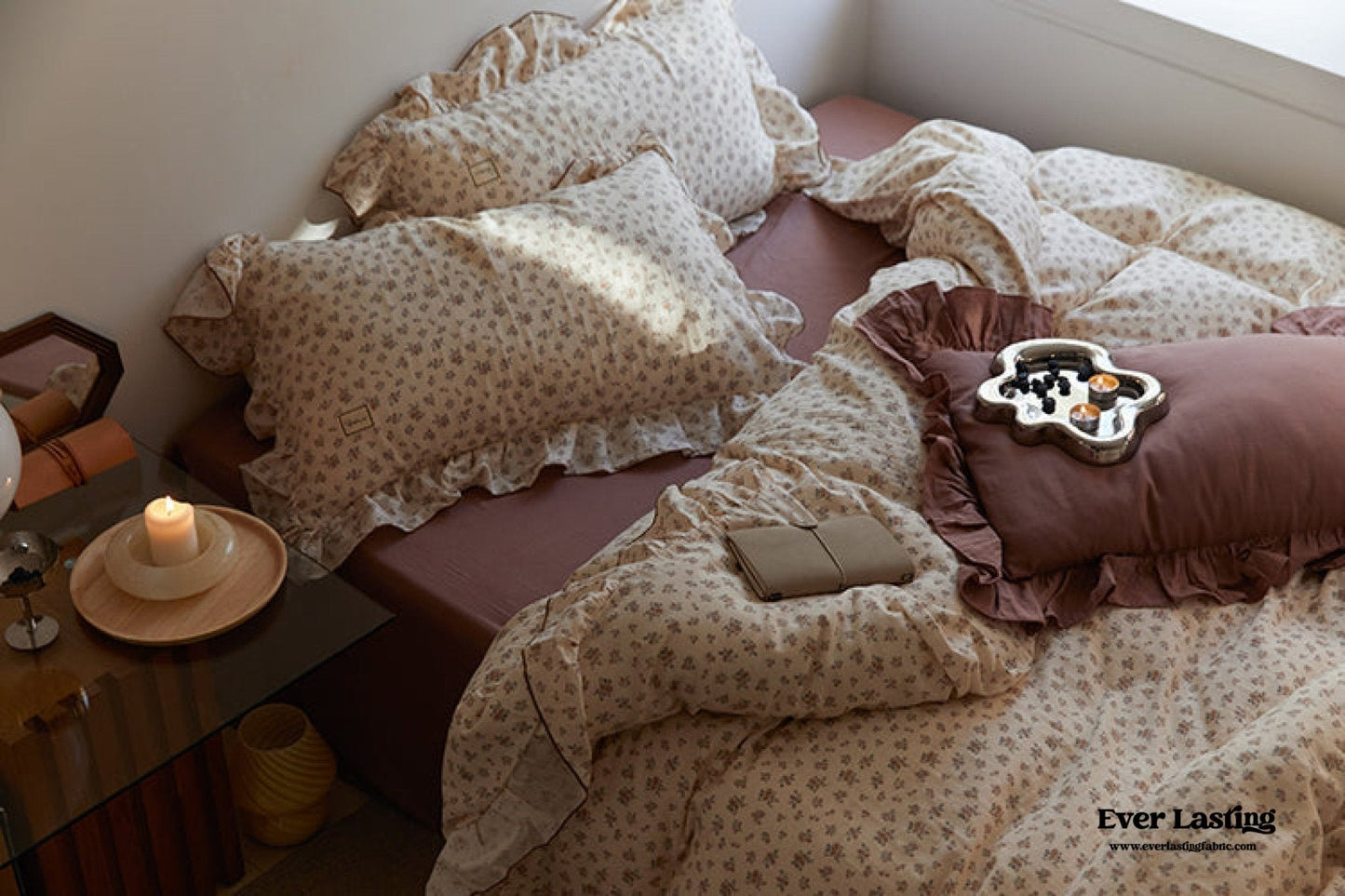French Floral Earth Tone Double Layer Ruffle Bedding Set / Beige + Blue