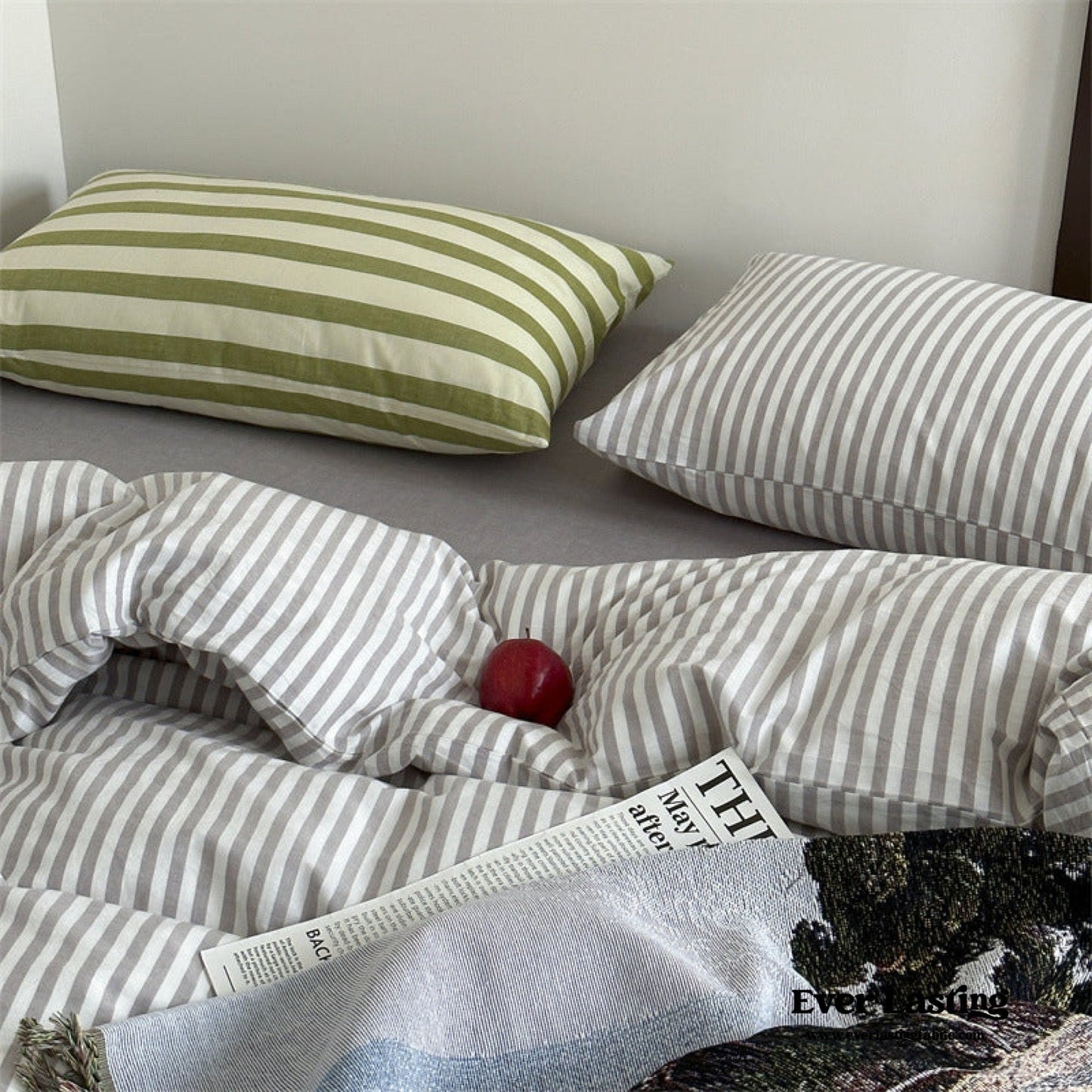 French Stripes Minimal Bedding Set / Green Yellow