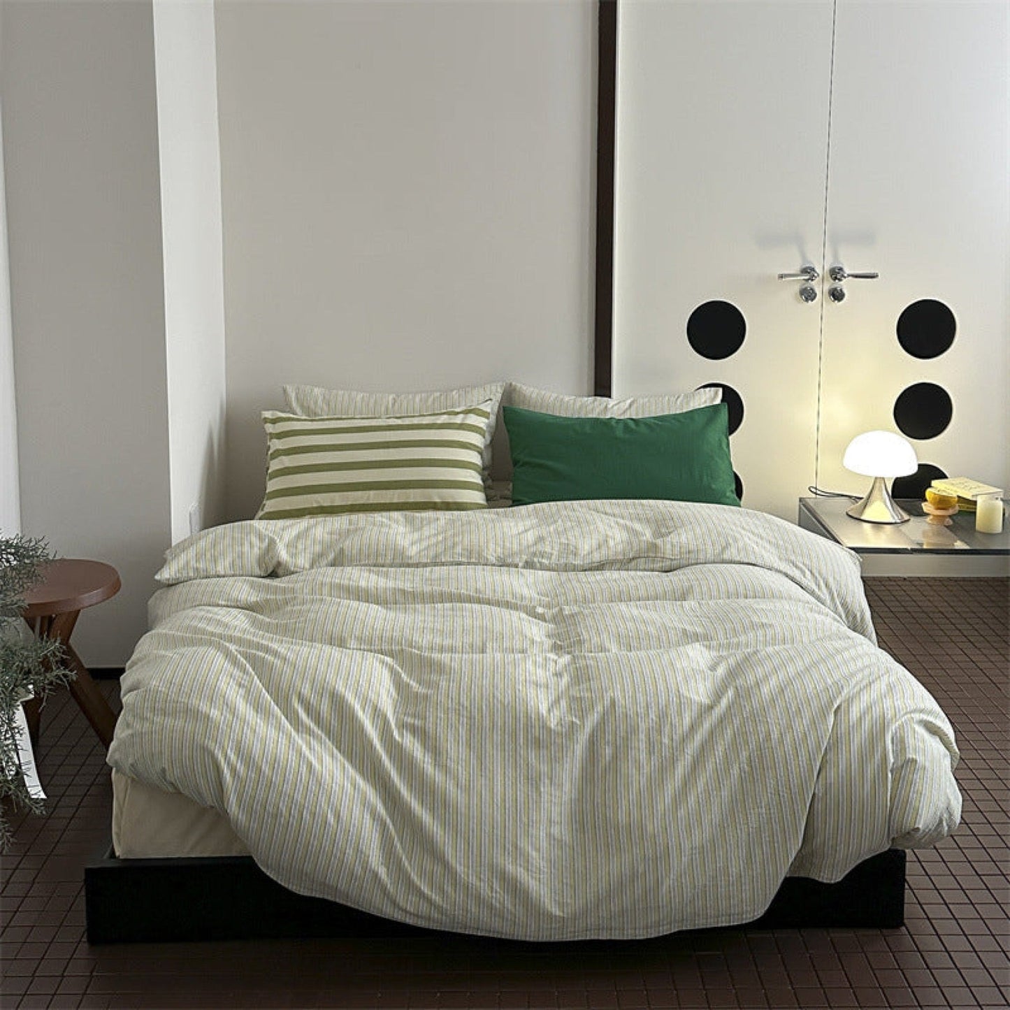 French Stripes Minimal Bedding Set / Green Yellow