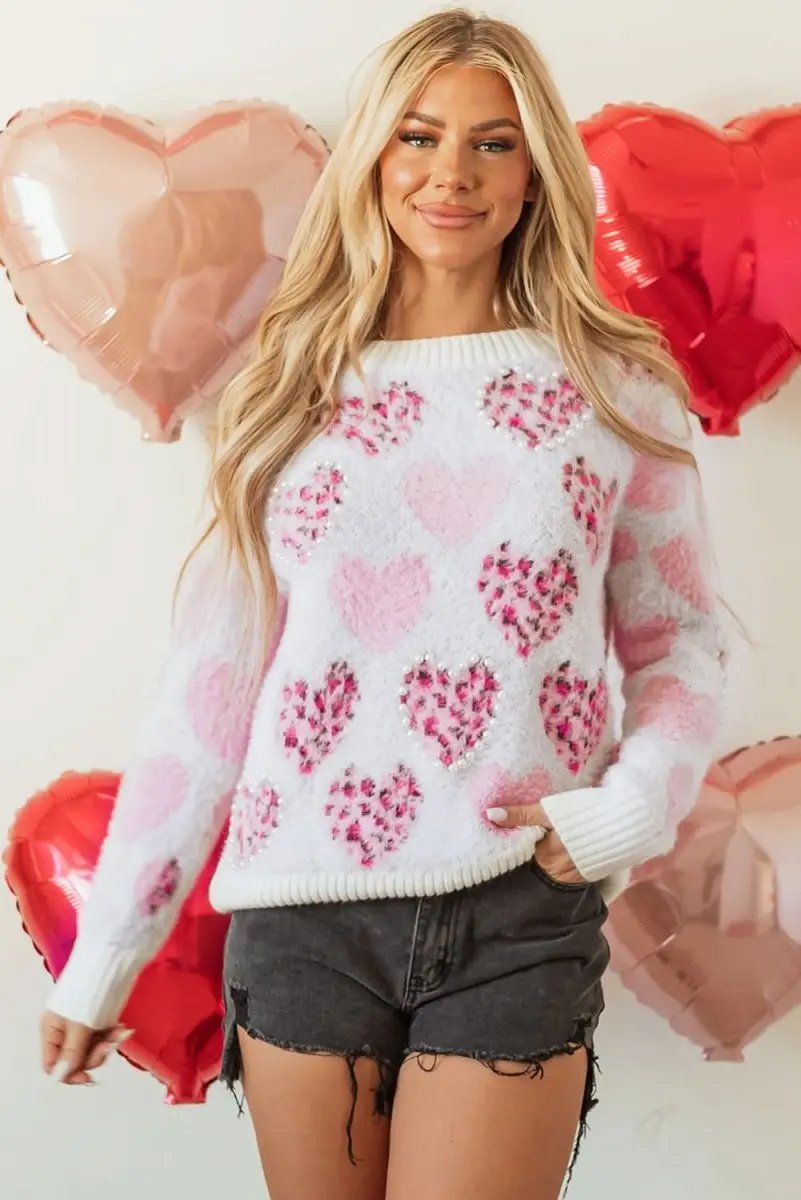 Women's Sweater Women's Fuzzy Pink Leopard Sweater - Pearled Valentine Top