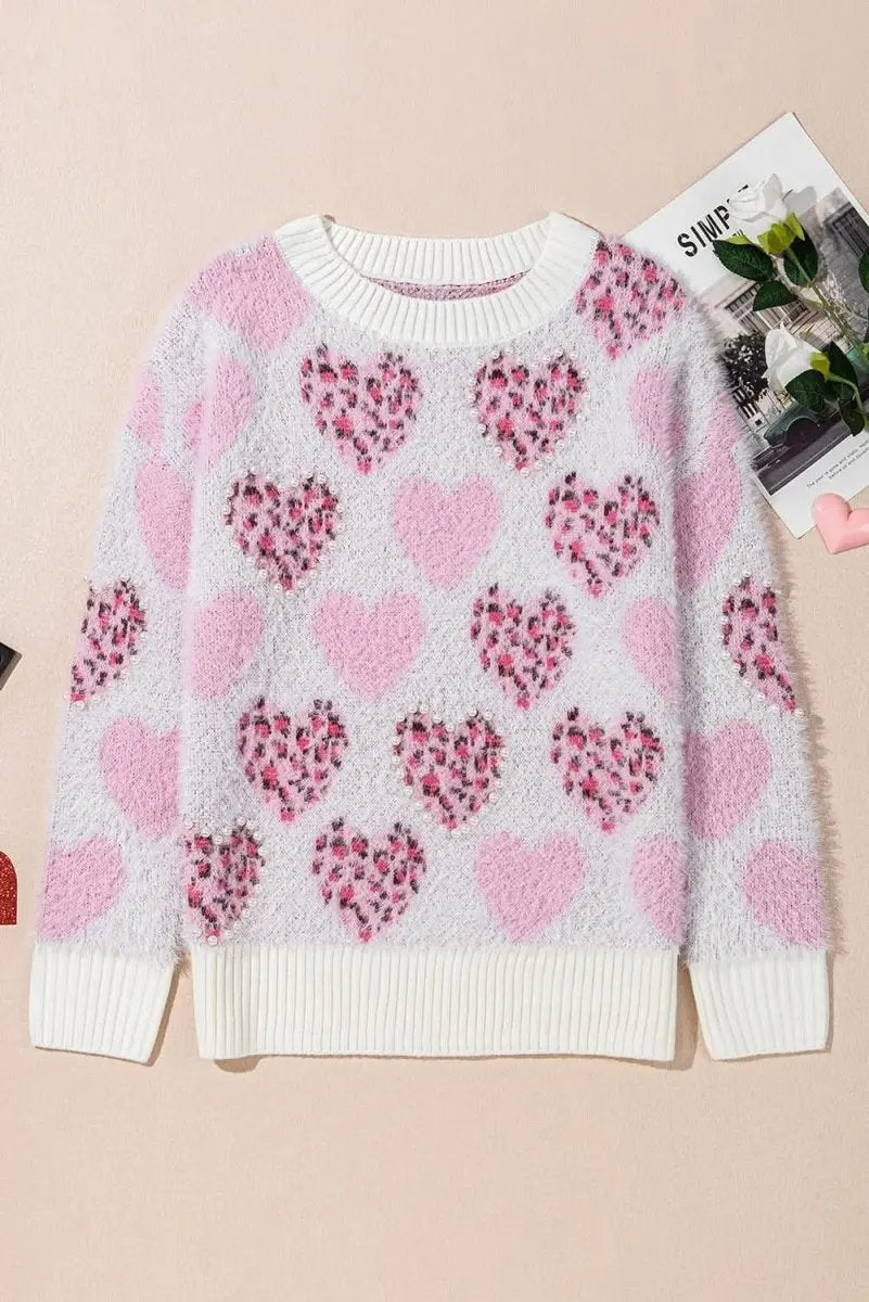 Women's Sweater Women's Fuzzy Pink Leopard Sweater - Pearled Valentine Top