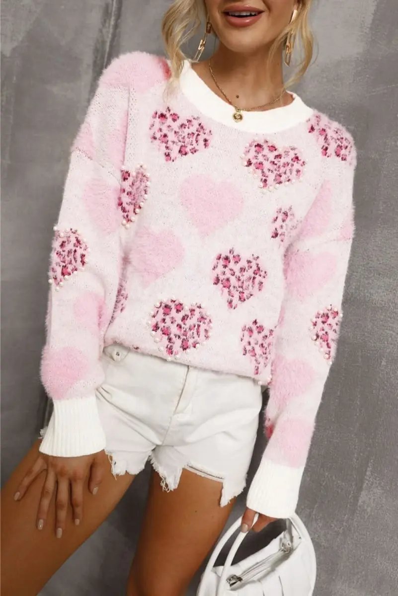Women's Sweater Women's Fuzzy Pink Leopard Sweater - Pearled Valentine Top