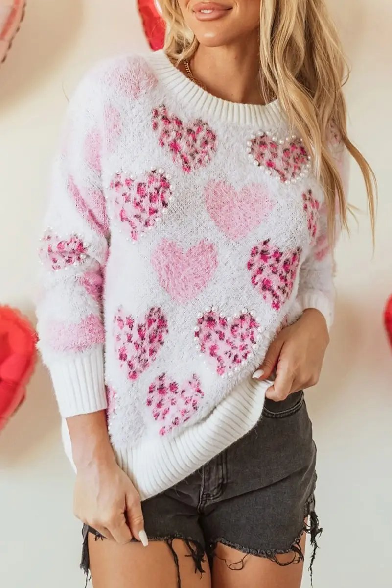 Women's Sweater Women's Fuzzy Pink Leopard Sweater - Pearled Valentine Top