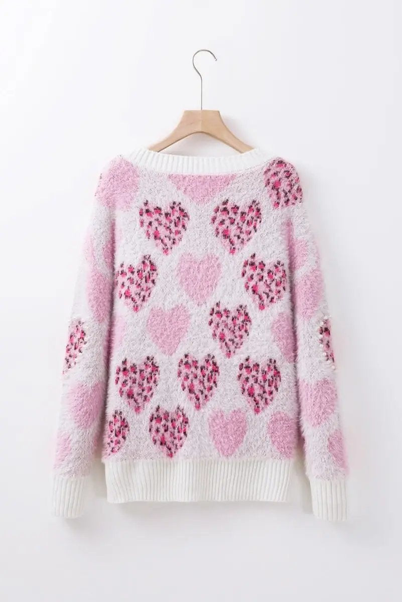 Women's Sweater Women's Fuzzy Pink Leopard Sweater - Pearled Valentine Top