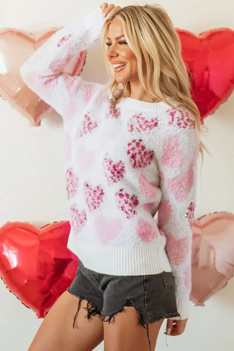 Women's Sweater Women's Fuzzy Pink Leopard Sweater - Pearled Valentine Top