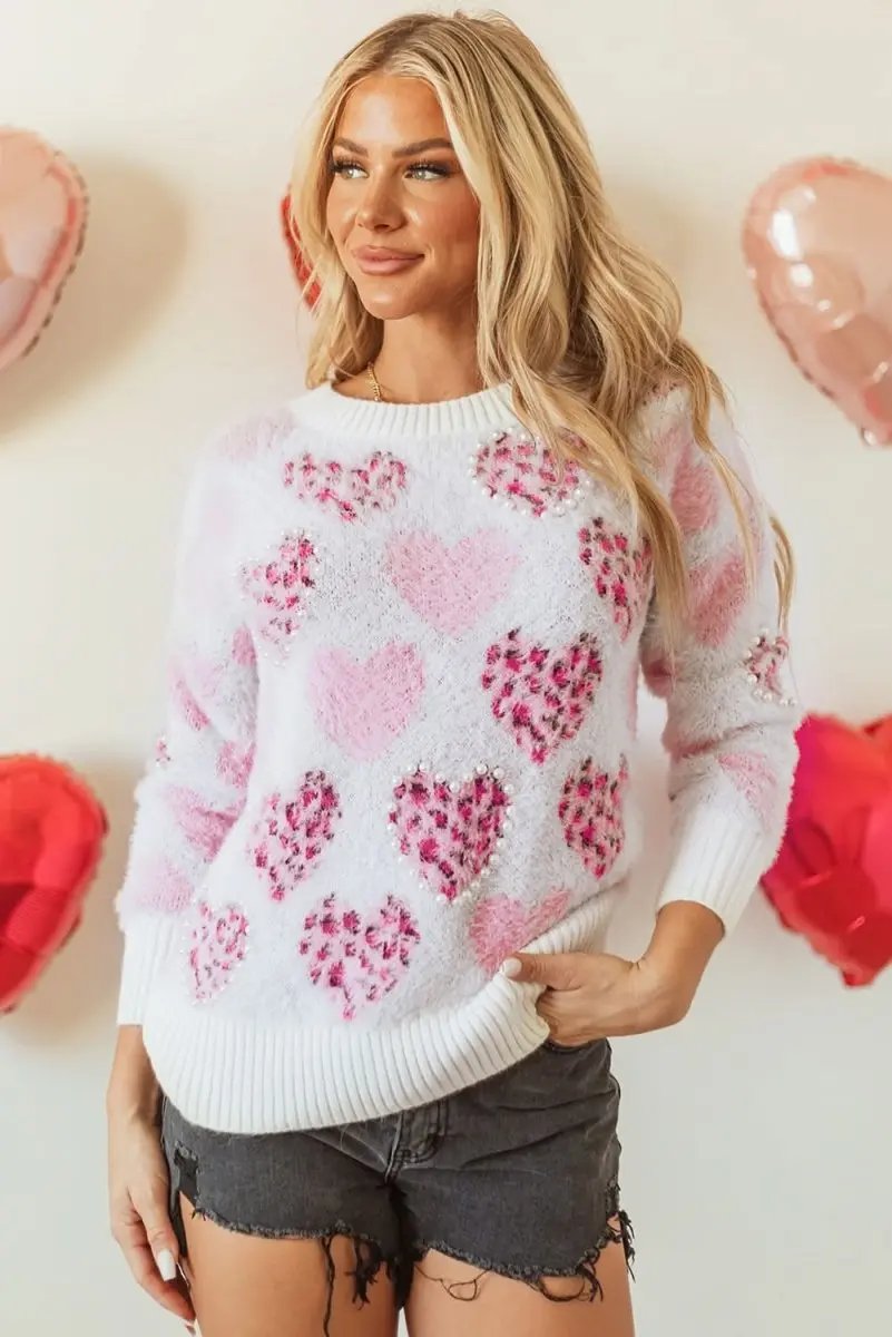 Women's Sweater Women's Fuzzy Pink Leopard Sweater - Pearled Valentine Top