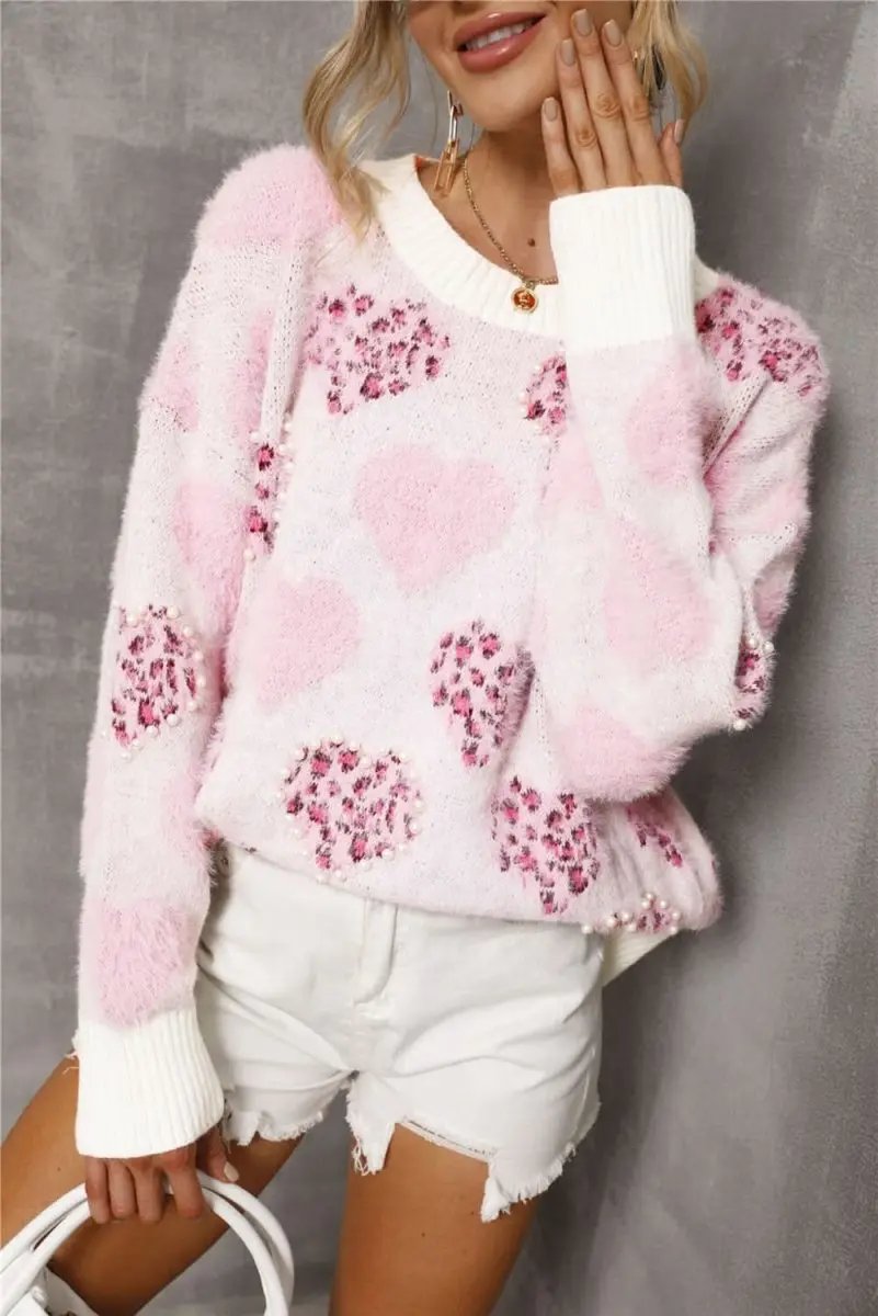 Women's Sweater Women's Fuzzy Pink Leopard Sweater - Pearled Valentine Top