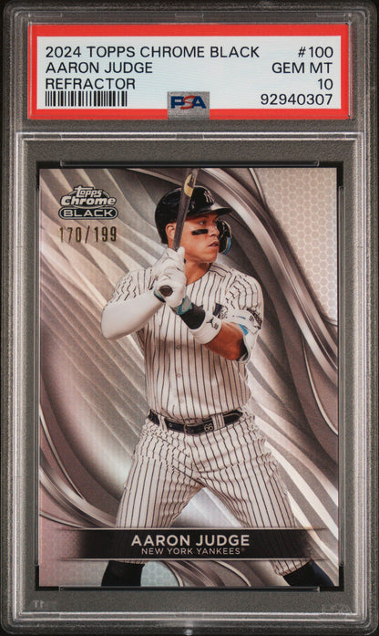 Graded 2024 Topps Chrome Black Aaron Judge #100 Refractor #/199 Baseball Card PSA 10 Gem Mint