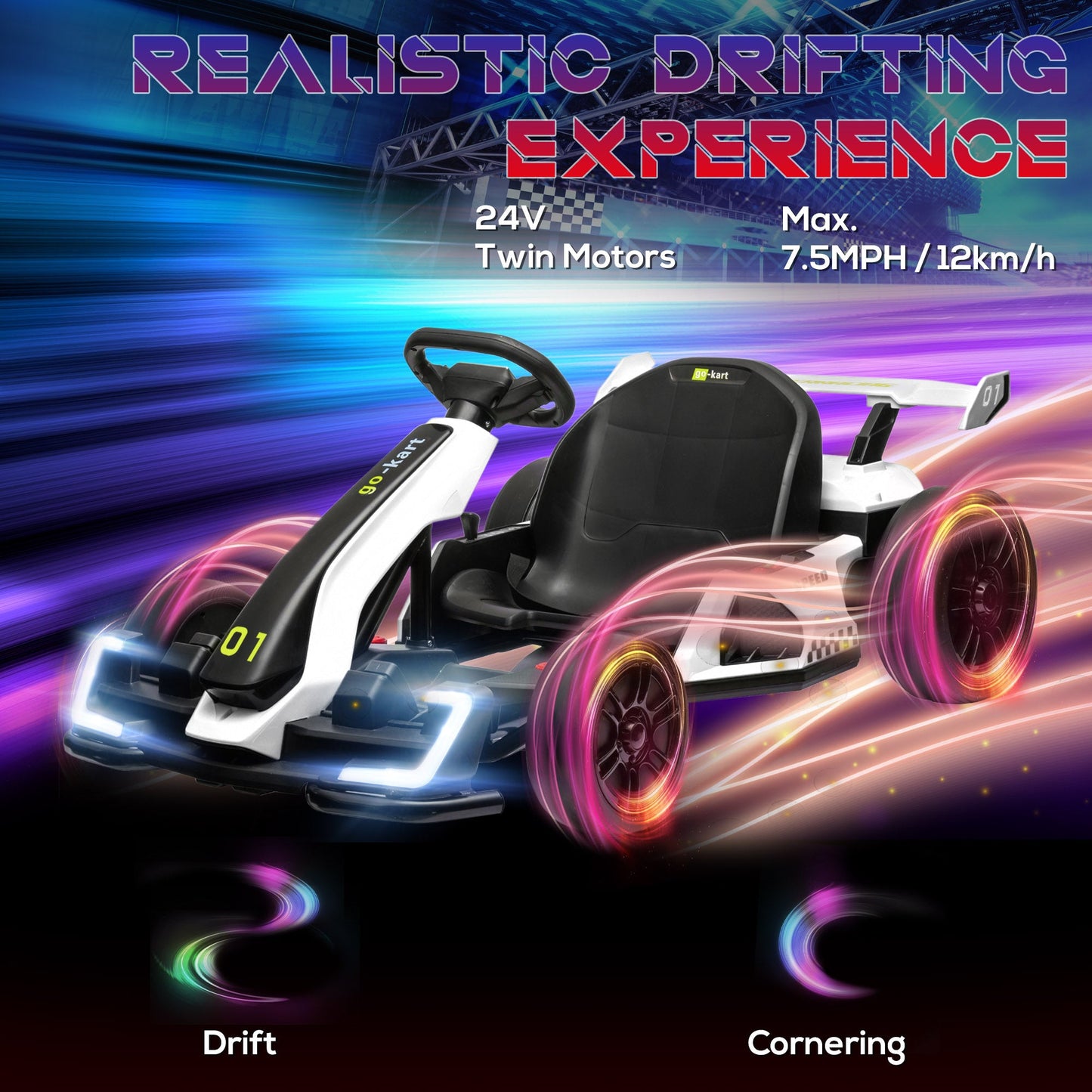 Adjustable Seat Electric Go Kart with Slow Start - 24V, 7.5 MPH