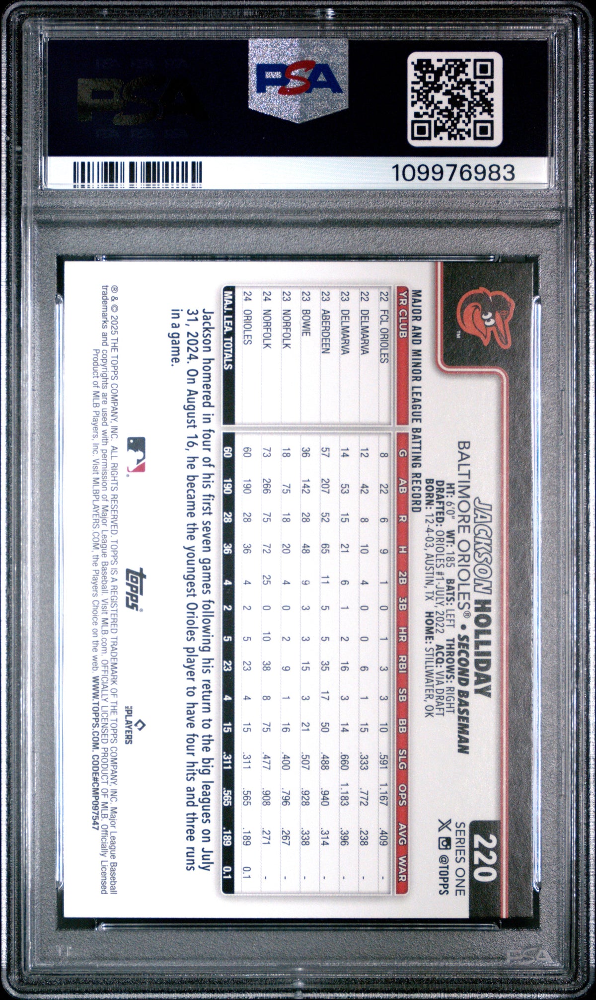 Graded 2025 Topps Jackson Holliday #220 Future Stars Baseball Card PSA 10 Gem Mint