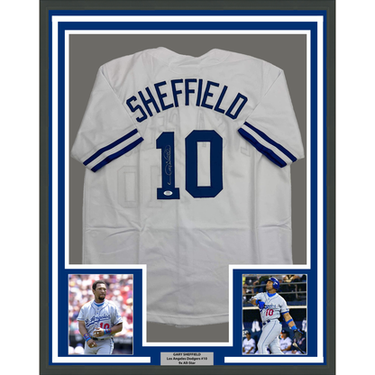 Framed Autographed/Signed Gary Sheffield 35x39 Los Angeles LA White Baseball Jersey PSA/DNA COA