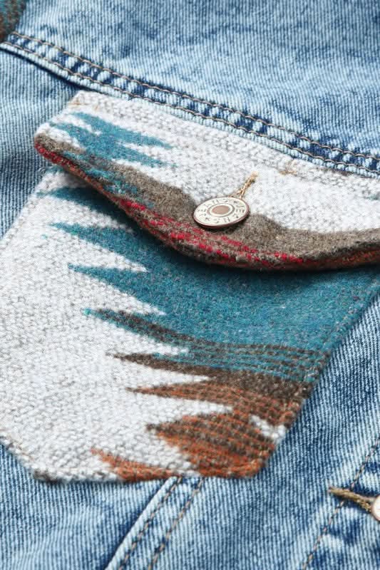 Denim Jacket - Geometric Print & Frayed Hem - Modern Chic Style