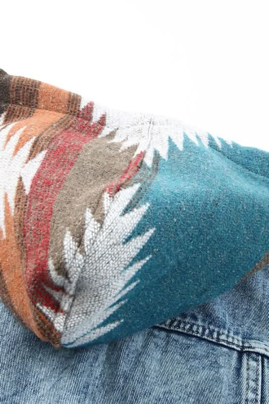 Denim Jacket - Geometric Print & Frayed Hem - Modern Chic Style