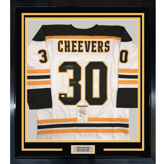 Framed Autographed/Signed Gerry Cheevers HOF 85 35x39 Boston White Hockey Jersey JSA COA