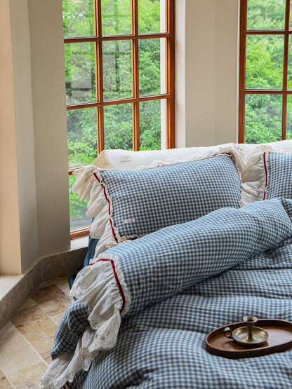Gingham Floral Ruffle Bedding Set / Blue White