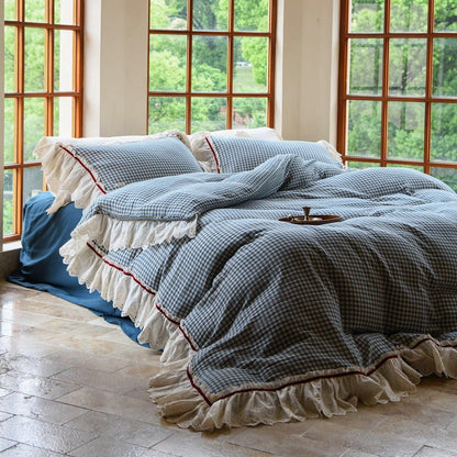Gingham Floral Ruffle Bedding Set / Blue White