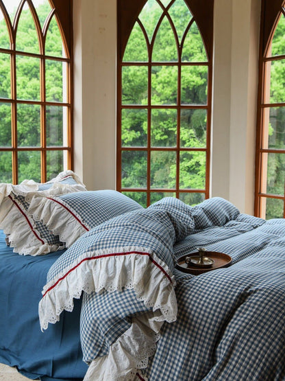 Gingham Floral Ruffle Bedding Set / Blue White