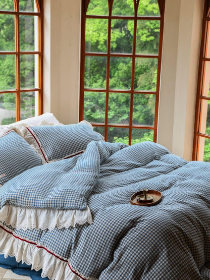 Gingham Floral Ruffle Bedding Set / Blue White