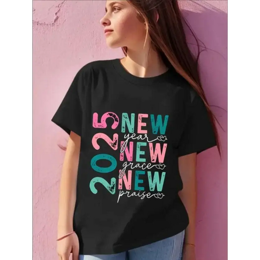 Girls 2025 New Year Print Short Sleeve T-Shirt