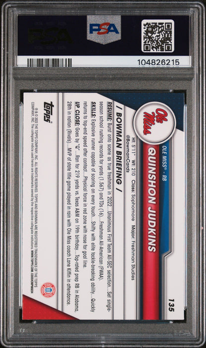 Graded 2023 Topps Bowman U Sapphire Quinshon Judkins #135 Rookie RC Football Card PSA 10 Gem Mint