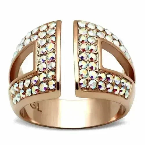 GL222 IP Rose Gold Brass Ring – Aurora Borealis Crystal Statement Piece