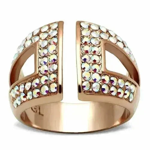GL222 IP Rose Gold Brass Ring – Aurora Borealis Crystal Statement Piece