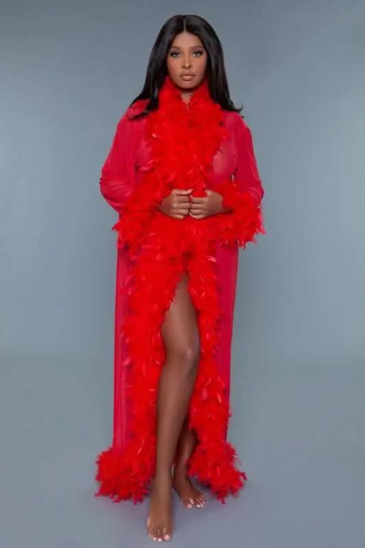 T-Shirts Premium BE WICKED Glamour Boa Feather Trim Robe, Black, One Size - Luxurious Sleepwear