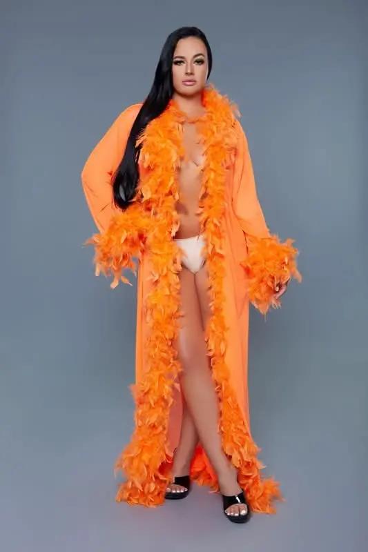 T-Shirts Premium BE WICKED Glamour Boa Feather Trim Robe, Black, One Size - Luxurious Sleepwear