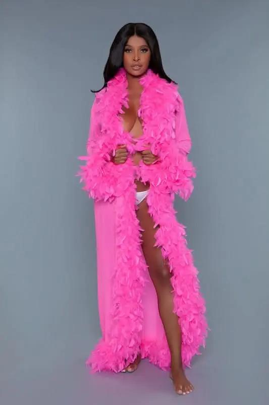 T-Shirts Premium BE WICKED Glamour Boa Feather Trim Robe, Black, One Size - Luxurious Sleepwear