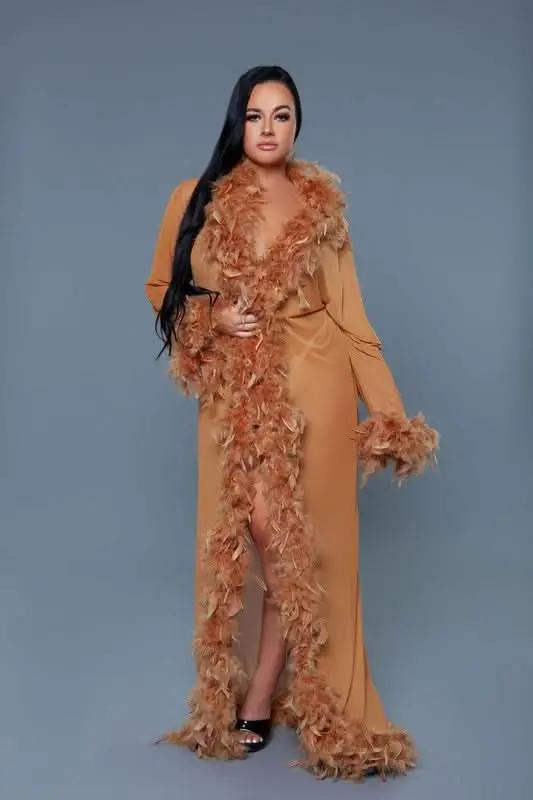 T-Shirts Premium BE WICKED Glamour Boa Feather Trim Robe, Black, One Size - Luxurious Sleepwear