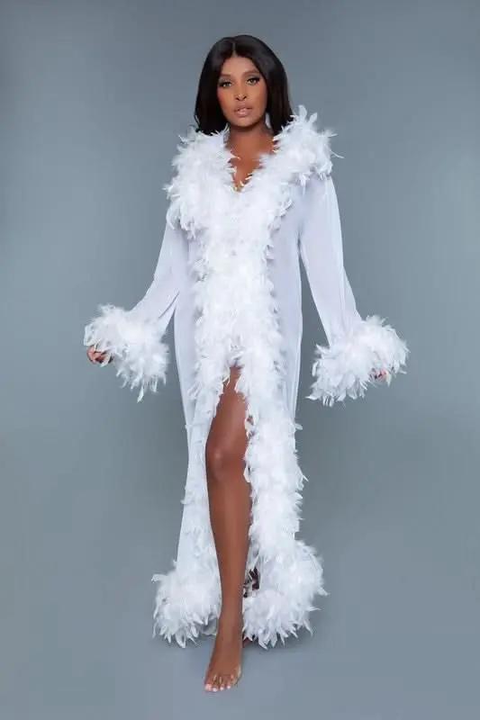 T-Shirts Premium BE WICKED Glamour Boa Feather Trim Robe, Black, One Size - Luxurious Sleepwear