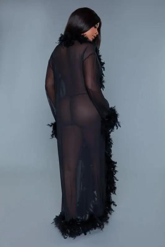 T-Shirts Premium BE WICKED Glamour Boa Feather Trim Robe, Black, One Size - Luxurious Sleepwear