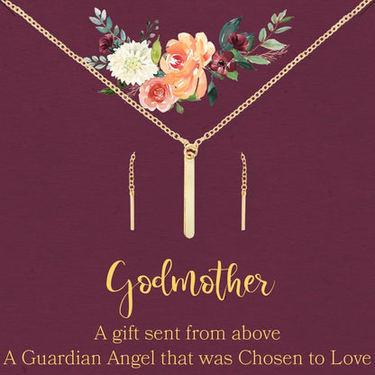 Godmother Gold Bar Earring Threader and Necklace Jewelry Set