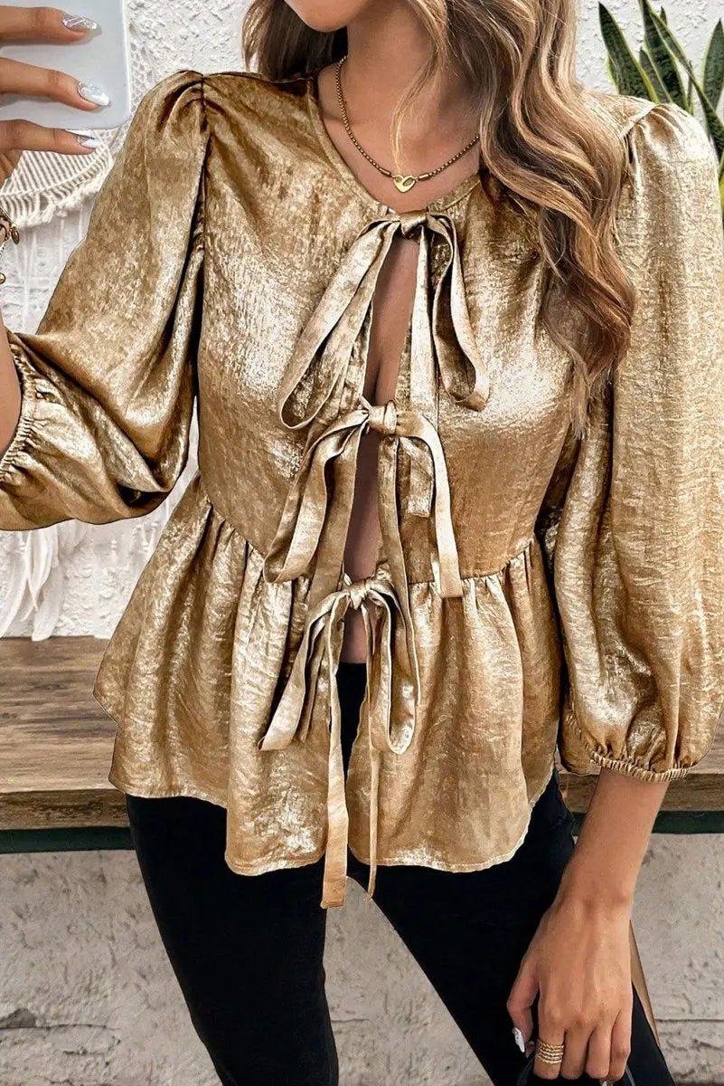 Pants Love Salve Gold Velvet Blouse Women's Daily Elegant Top: Bow Detail, Ruffle Hem