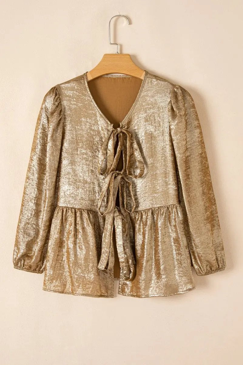 Pants Love Salve Gold Velvet Blouse Women's Daily Elegant Top: Bow Detail, Ruffle Hem