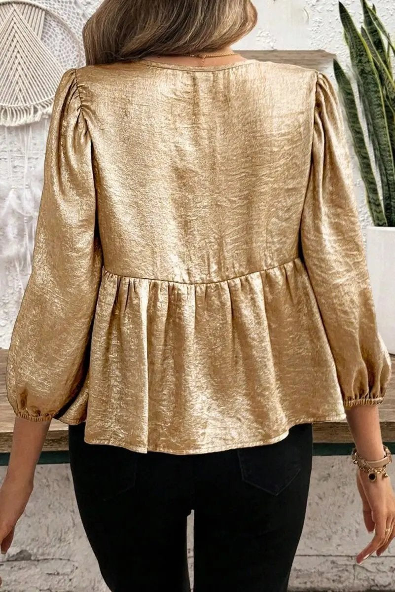 Pants Love Salve Gold Velvet Blouse Women's Daily Elegant Top: Bow Detail, Ruffle Hem