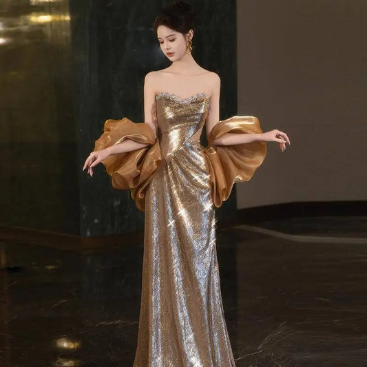 Gold Sequined Banquet Temperament Evening Dress