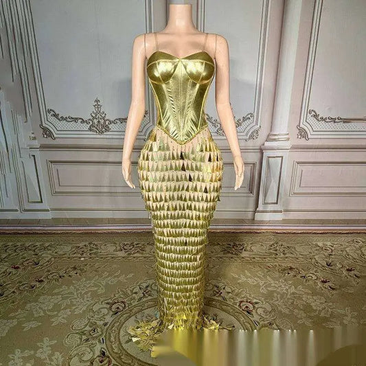 Golden Bright Surface Bandage Metallic Mermaid Gown
