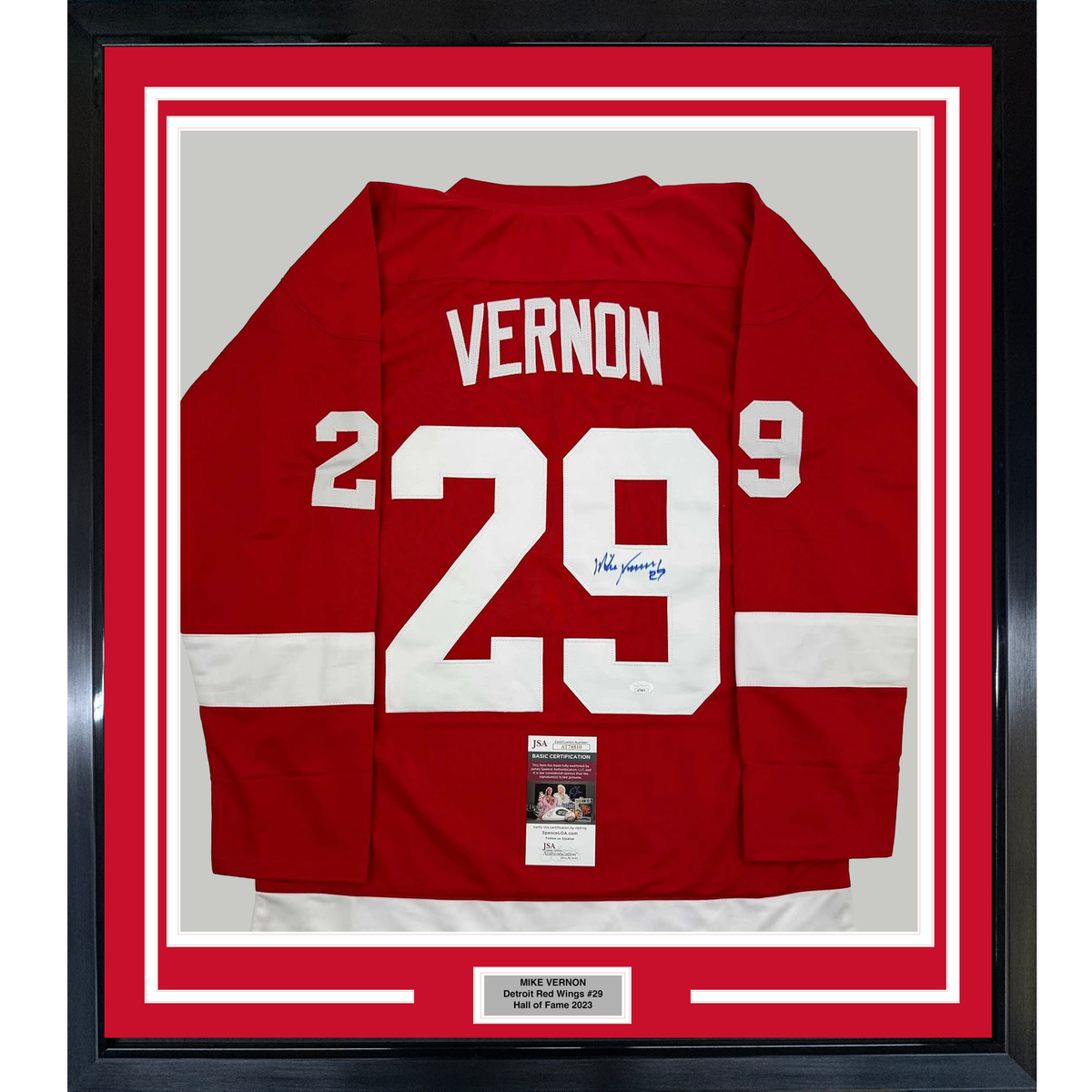 Framed Autographed/Signed Mike Vernon 35x39 Detroit Red Hockey Jersey JSA COA