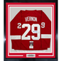 Framed Autographed/Signed Mike Vernon 35x39 Detroit Red Hockey Jersey JSA COA