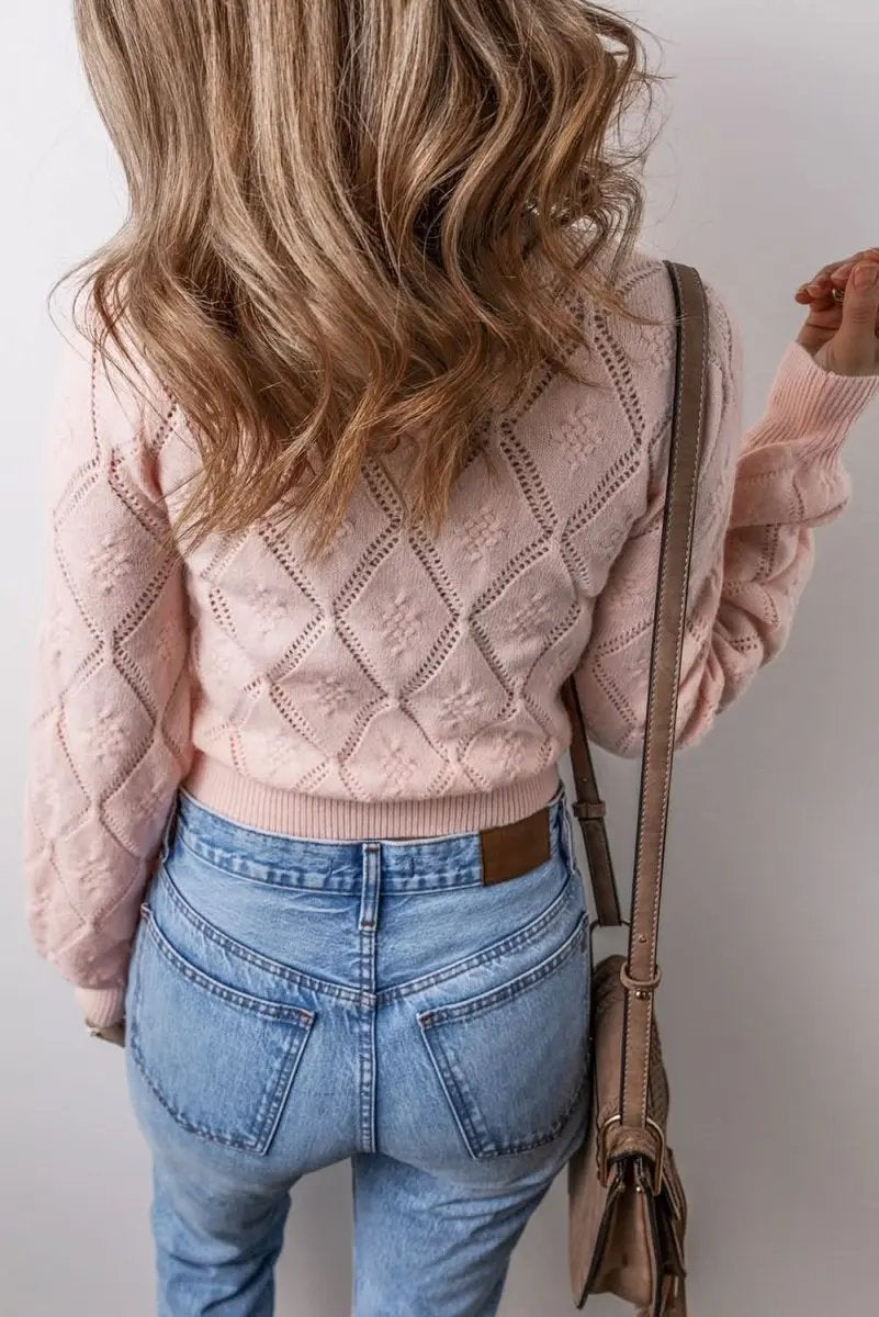 Sweaters Love Salve Pink Plaid Sweater Women's Casual Cropped Knit Top: Openwork Detail